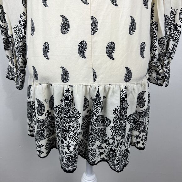 H&M Dress Women Small Beige Black Paisley All Over Print Long Sleeve Peplum Mini - Picture 14 of 15